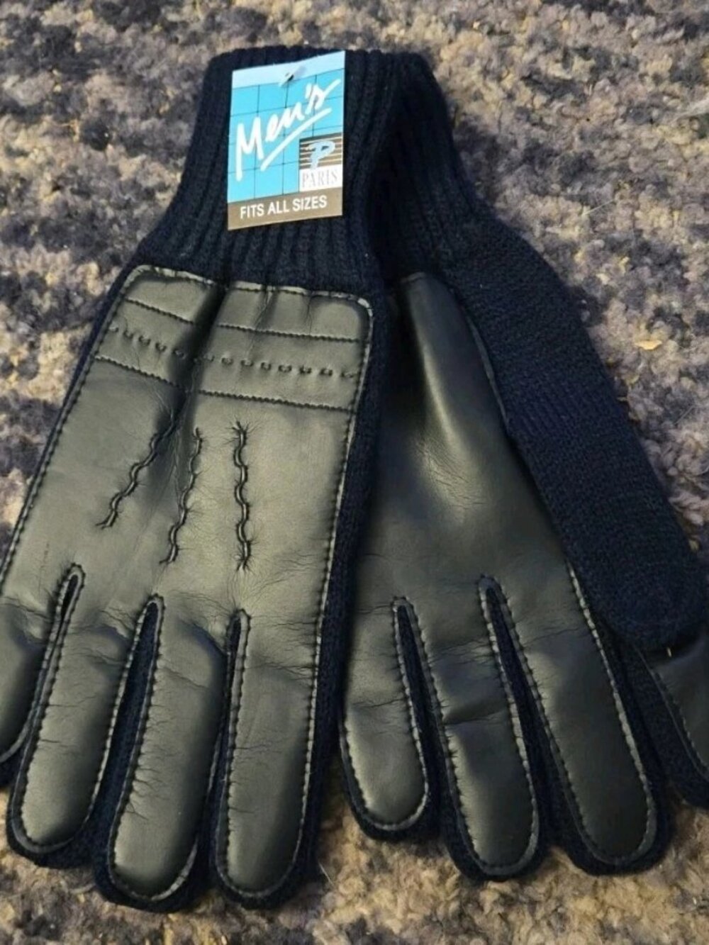 NWT Vintage Paris Men's Navy Knit Leather Palm Driving Gloves One Size